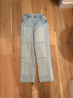 Light Wash baggy carpenter denim. Patchwork Straight-Leg Jeans - Women